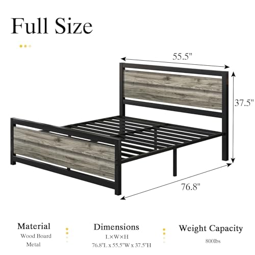 Full Size Bed Frame with Headboard, Full Metal Platform Bed Frame with Steel Slat Support, 10.5 in Storage Clearance, No Box Spring Needed, Easy Assembly, Wash Grey - color: Wash Grey, size: Full