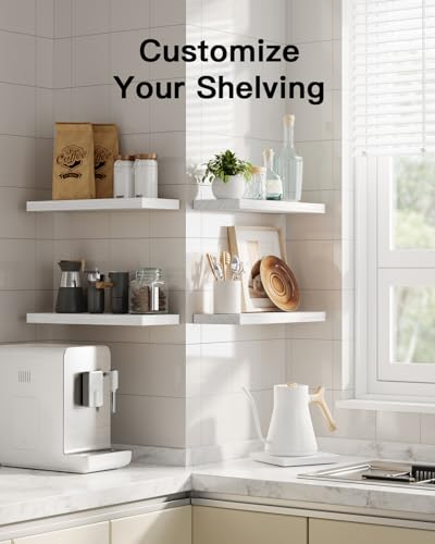 Amada Paulownia Wood Floating Shelves for Wall, Set of 4, White | Wall Shelves with Solid Metal Concealed Brackets, 22 lbs Capacity per Shelf, Includes Drilling Template, Flexible 4-Piece Set - color: White, size: 4