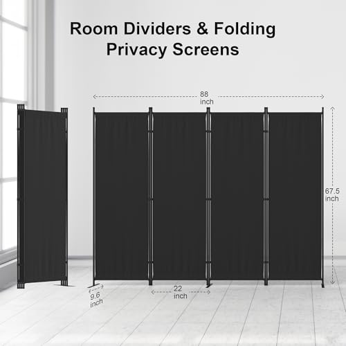 Folding Screen Room Divider 4 Panel for Room Separator 6FT | Non-wobbly 3 Metal Feet Partition Wall Divider as a Privacy Dressing Screen for Office Dorm Kitchen Children's Room,Black - color: Black, size: 4 Panel Basic