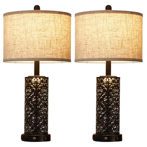 SAIWEYA 26" Set of 2 Farmhouse Table Lamp for Bedroom, Dimmable Touch | 3 Way Dimmable, 2 USB Ports + AC Outlet Bedside Lamp for Nightstand, LED Bulb Included, Fabric Shade, Flower Metal Body - color: Black-26in 2 Pack