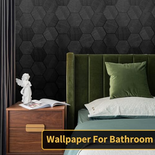 Self Adhesive Black Peel and Stick Wallpaper 15.7" X 78" 3D Hexagon | Geometric Embossed Contact Paper Removable Easy Peel Off Wallpaper Textured Wall Paper for Cabinet Bedroom - color: Black, size: 15.7" x 78"