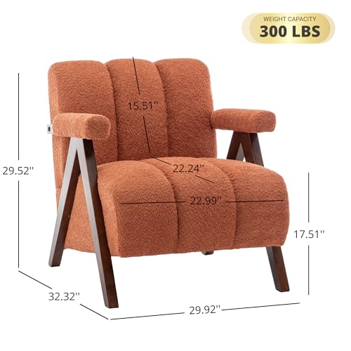 Mid Century Modern Accent Chair with Solid Wood Frame, Boucle Upholstered Living Room Chairs with Thick Cushion, Comfy Tufted Arm Chair for Bedroom, Orange - color: Orange, size: 1-seater
