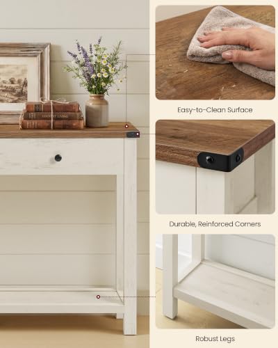 VASAGLE LIRY Collection Narrow Console Table with 3 Drawers | Long Sofa Table with Storage Shelf, Honey Brown and Rustic White, 9.4 x 63 x 29.9 Inch, ULNT148W101 - color: 허니 브라운 + 러스틱 화이트, size: 9.4"D x 63"W x 29.9"H
