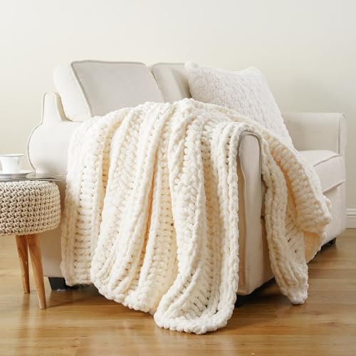 Battilo Chunky Knit Throw Blanket for Couch, 50"x60", White Cream | Hand Knit with Chunky Yarn, Super Soft Chenille Throw Blanket, Cozy Blanket, Farmhouse Throw Blanket for Living Room - color: Cream White