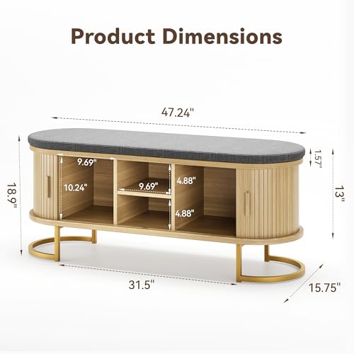 Decofy 47.2'' Entryway Storage Bench Seat with Sliding Door, Large Shoe Bench with Sturdy Metal Feet & Soft Cushion, Multi-Scene Use for Entrance, Bedroom & Living Room(Oak) - color: Oak
