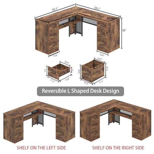 HSH L Shaped Desk with Drawers, Rustic Brown Corner Desk with Storage | 59 In Large Home Office Corner Computer Desks with Storage File Cabinet, Modern Metal Wood Desks for Executive Workstation - color: Rustic Brown