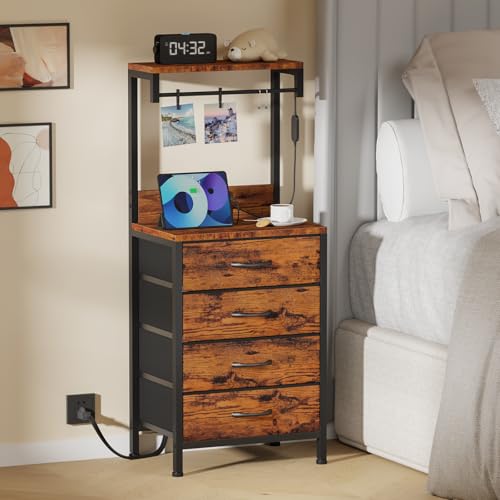 Night Stand with Charger Station, 4 Fabric Drawers and LED Lights | 38'' Tall Bedside Table with Storage Shelf for Bedroom, Office, Metal Frame, Wood Shelves, Rustic Brown Nightstand - color: Rustic Brown