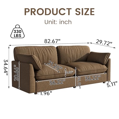 2 Seats Brown Sofa, 82.67" Extra Large Comfy Loveseat Deep Seat Sofa Bed with 2 Pillows & Armsrest for Living Room, Durable Modern Farmhouse Home Sofa Couch - style: Dark Brown/82.67"W