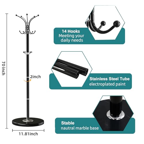 OIRUMIE Coat Rack,360°Rotary Coat Rack Stand,Coat Hanger Stand for Entryway | Metal Coat Rack Freestanding with Natural Marble Base & 14 Hooks,Black Modern Coat Stand, Clothes Hall Stand for Hallway - color: Black-14 Hooks