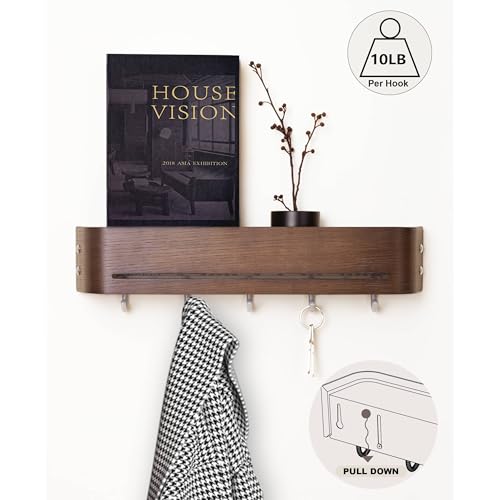 Key Holder Wall Mount with Shelf | Brown | 17 inch | 5 Retractable Hooks | Modern Wall Coat Hooks | Minimalist | Space-Saving | Wooden Key Rack for Entryway & Hallway - color: Brown