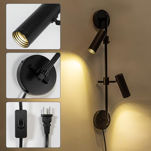 Modern Black 2-Light Plug in LED Wall Sconce with Switch, 1 Pack | Wall Lamp with Plug-in Cord Rotatable Wall Mount Lighting Fixture for Bedroom, Living Room & Bedside, Bulb Included - color: A-Black