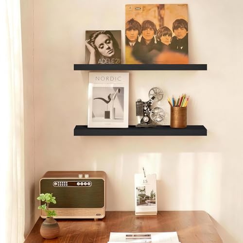 BAYKA Black Floating Shelves 22.5in, Set of 2, Wall Mounted for Wall Decor | Easy Install, 22lbs Max Load, Hidden Bracket, Shelving for Bathroom Bedroom Kitchen Room Display Storage, Hanging Book Shelf - color: A. Black - Universal Classic Style, size: 22
