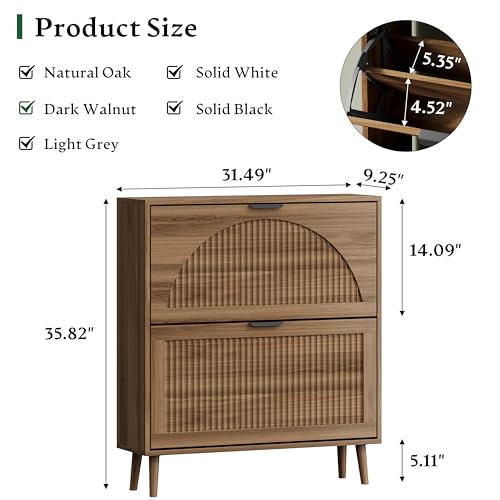 Xixini Shoe Storage Cabinet with 2 Flip Drawers, 36" Tall Narrow Wood Fluted Shoe Organizer for Entryway, Freestanding Wooden Hidden Slim Shoe Rack for Front Door Entrance, Hallway, Foyer, Dark Walnut - color: Dark Walnut, size: 2 Flip Drawers