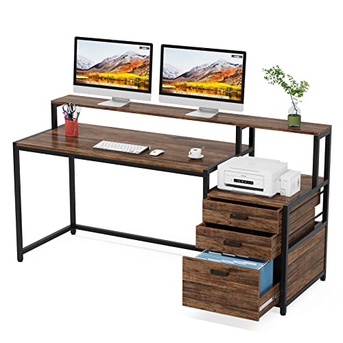 Tribesigns 63 Inch Computer Desk with File Drawer Cabinet, Ergonomic Desk | Office Desk with Monitor Stand, Computer Table with Printer Space, Wood PC Table Workstation Desk for Home Office - color: Rustic Brown