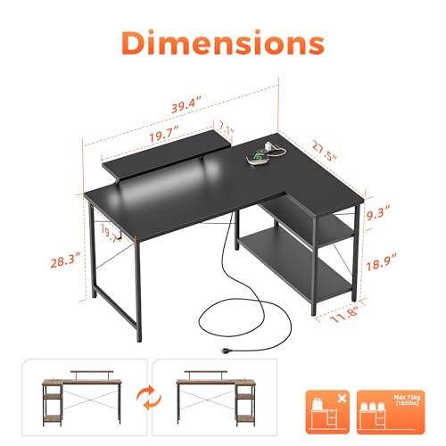 40 in Corner Desk with Monitor Stand, Small L Shaped Gaming Desk | Reversible Computer Desk with Power Outlets, LED Light & Storage Shelves, Office Table for Home Bedroom Study Work Writing - color: Black, size: 40 inch