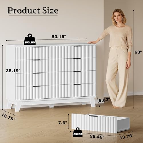 BORNOON 53" Wide Dresser for Bedroom, 8-Drawer Fluted Chest of Drawers, Modern Wood Highboy with Metal Slides and Handles, Anti-Tip Kit, Vertical Clothes Storage Organizer for Apartment, Closet - color: Pure White, size: XL 8-Drawer