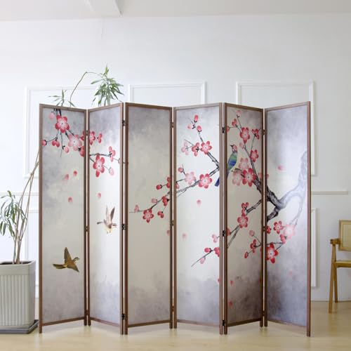 6 Panel Room Divider for Room Separation, 5.6 ft Tall Double Sided Blackout Folding Privacy Screen for Home Office - Freestanding Partition with Magnolia and Plums Scenery (67" H x 94.5" W) - color: Magnolia and Plums, size: 6 Panel