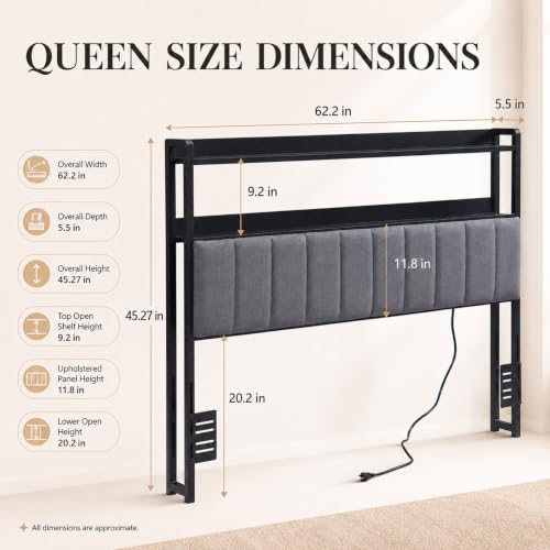 Upholstered Queen Headboard with Storage and USB (Queen (U.S. Standard)) | bedroom dorm apartment, soft vertical panel, adjustable height, LED Light, bed frame adapters, queen size headboard only - size: Queen (U.S. Standard)