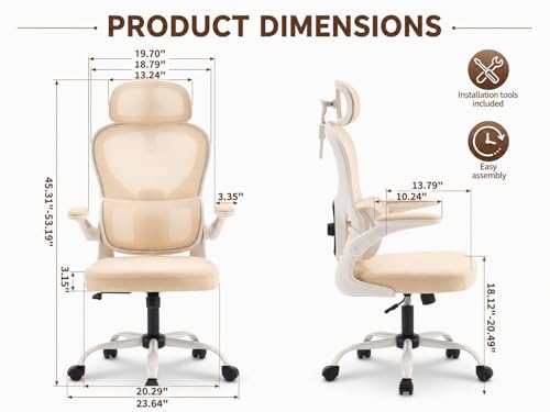 Ergonomic Office Chair with Adjustable Headrest & Lumbar Support, High Back Mesh Desk Chair, 330 LBS Capacity Swivel Computer Chair with Flip-Up Arms, Home Office Gaming Chair (Beige) - color: Beige