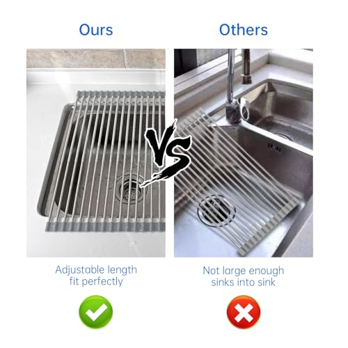 Expandable Roll Up Dish Drying Rack Over The Sink Rack, Large Dish Drainer Rack for Stainless Steel Sinks, Non-Slip Silicone Collapsible Rack 18 Tube for Kitchen, Sliver Gray - color: Gray+silver Expandable