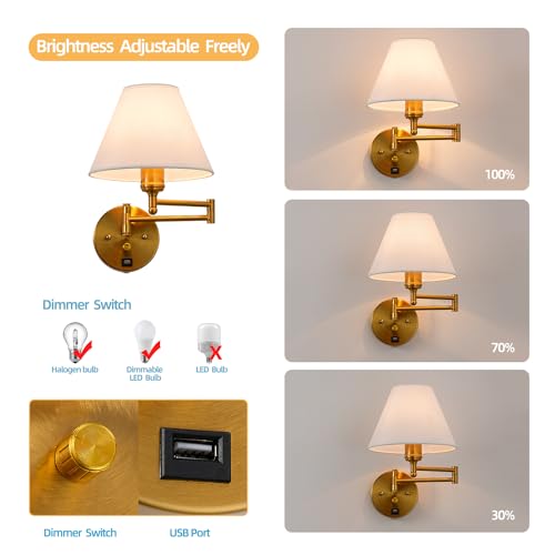Swing Arm Wall Sconces, Plug-in Wall lamp,Bedroom Wall lamp , White Fabric Shade,,with dimmable Switch and USB Charging Port, Suitable for Bedside, Living Room, Reading (Golden) - color: Golden