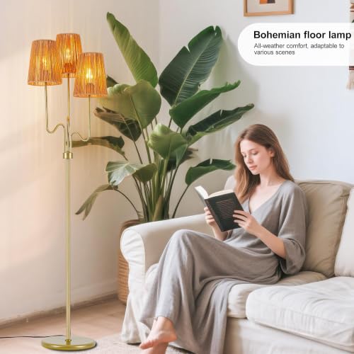 MAYNA 3-Light Gold Boho Floor Lamp with Handwoven Rattan Shades | Adjustable Swiveling Arms, Foot Switch Standinmg Floor Lamp for Living Room & Bedroom, 3 LED Bulbs Included - color: Gold 3 Lights