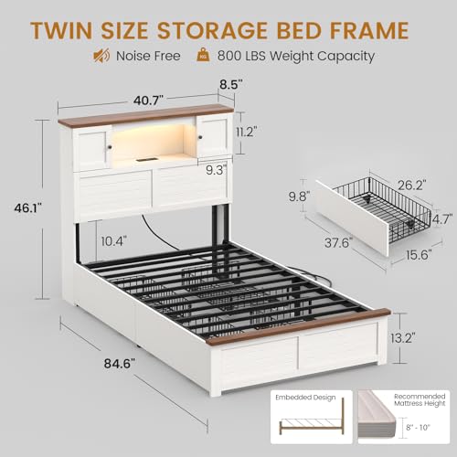 MSmask Farmhouse Bed Frame Twin Size with Bookcase and Storage Cabinets Headboard, Wood Platform Bed with LED Lights, Charging Station, 4 Drawers, Decoration Footboard, No Box Spring Needed, White - color: White, size: Twin