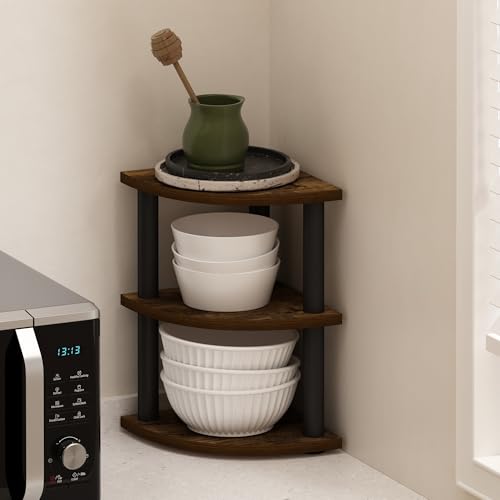 Furinno Turn-N-Tube Kitchen Countertop Organizer, 3-Tier Corner Countertop Organizer Shelf, Corner Shelf, for Kitchen, Pantry, Organizers and Storage, Amber Pine - color: Amber Pine/Black, size: 3-Tier Corner