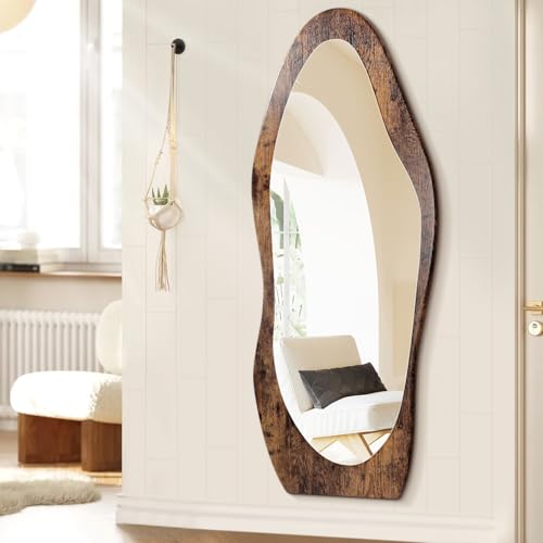 Full Length Mirror 59" x 24" Irregular Wall Mirrors Wood Framed Full Body Mirror Hanging or Leaning Against Wavy Floor Mirrors for Living Room Bedroom Entryway Bathroom Retro Brown - color: Dark Brown