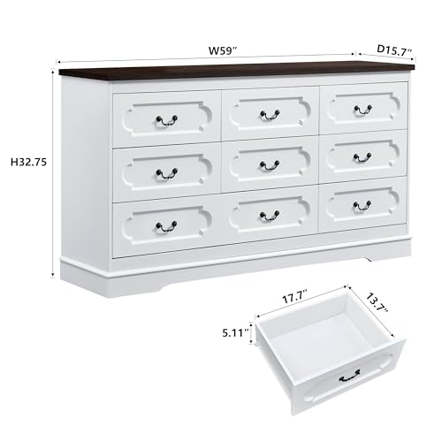 9 Drawer Dresser for Bedroom White Bedroom Dresser 59" Wide Wooden Cabinet | Farmhouse Wood Chest of Drawers , Modern Rustic Drawers Dressers Wooden Closet and Storage Cabinet, Hallway, Living Room - color: White, size: 15.7"D x 59"W x 32.8"H (9 Drawers)