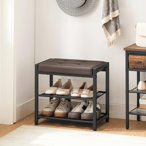 HOOBRO Small Shoe Bench, 3-Tier Shoe Rack, Shoe Storage Bench with PU Seat Cushion, Entryway Shoe Rack Bench with Metal Mesh Shelves, Freestanding Shoe Organizer for Hallway, Brown CB33HX01 - color: Brown + Black