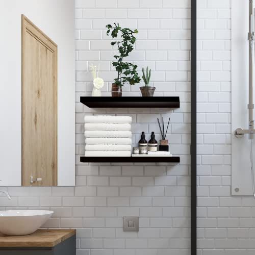 SAUMONIERES 24 Inch Floating Wall Shelves for Bedroom Bathroom Wall Mounted Solid Wood Shelf Storage Decor Set of 2, Black Floating Shelves - color: Black, size: 24 Inch-2 shelves