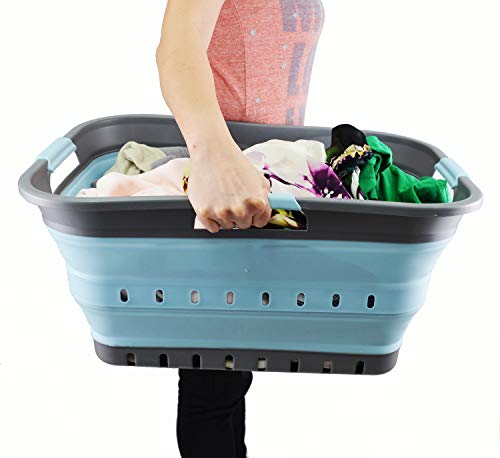 SAMMART 42L (11 gallon) Collapsible Plastic Laundry Basket - Foldable Pop Up Storage Container/Organizer - Portable Basket - Space Saving Hamper/Basket (2, Grey/Sea Angel) - color: Grey/Sea Angel