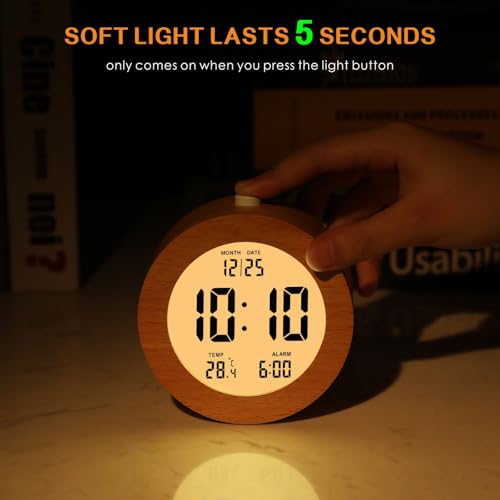 Plumeet Wooden Digital Alarm Clock for Bedrooms, Wood 4'' Battery Powered Alarm Clock with Snooze and Nightlight, Electronic LCD Desk Clock Display Time, Date, Temp, 12/24H, Wood Décor, Round, Brown - color: Brown, size: Round 4.1''