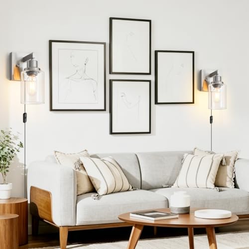 Plug in Wall Sconces Set of 2, Modern Corded Wall Sconce, Bedroom Wall Sconces with Clear Glass, Wall Decor Set of 2 Brushed Nickel Wall Lamps for Bedroom Living Room - color: Nickel, size: 1-Light
