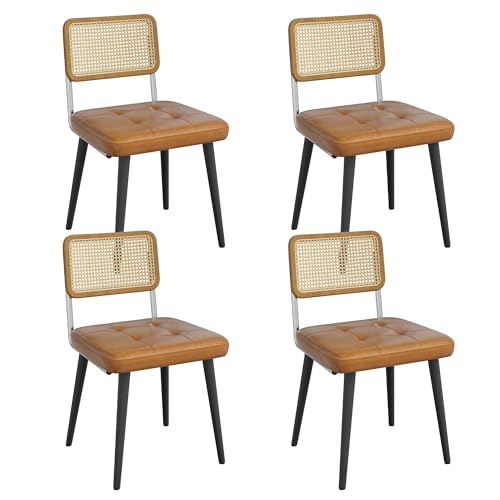 Garvee Rattan Dining Chairs Set of 4, Upholstered Dining Room Chairs with Rattan Backrest, Armless Side Chairs for Kitchen Living Room, Restaurant, PU Leather, Brown | Upholstered Kitchen Chairs with Rattan Backrest, Armless Side Chairs for Kitchen, Livin