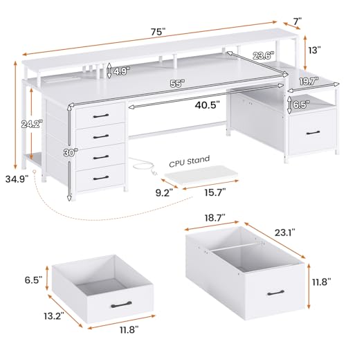 SEDETA 75'' Large Home Office Desk with 5 Drawer, Power Outlet, File Drawer | 23.6" W Desktop Computer Desk with Storage Shelves, Monitor Shelf, Led Lights, for Home Office, Dorm, Gaming Room, White - color: White, size: 75X23.6inch