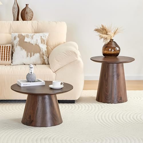 Walnut Coffee Table Set of 2, Mid Century Nesting Tables with Natural Walnut Grain Round Tabletop & Wooden Cone Base, Round Layered Low Profile Accent Tables Ideal for Living Room, APT, Small Space - color: Walnut Nesting Coffee Table