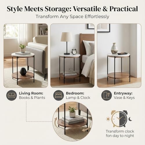 Lyra Round Marble End Table – Solid Acacia Wood Shelf, Open Storage Side Table for Living Room, Bedroom, Entryway, Small Spaces – Nightstand, Plant Stand, Modern Accent Table with Metal Frame - color: Lyra White