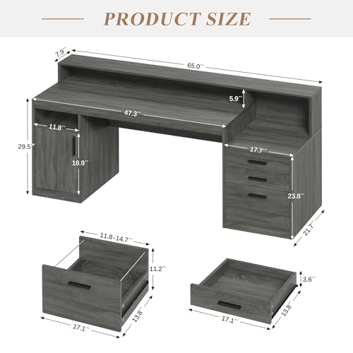 65" Computer Desk with 3 Drawers & Printer Shelf for Home Office | Office Desk with Printer Shelf & File Drawer, Executive Desk Writing Study Table with Monitor Stand, Dark Grey - color: Dark Gray