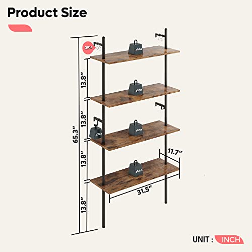 Bestier 65" Industrial Wall-Mounted Ladder Shelf 4 Tier Bookshelf with Storage Organizer Plant Flower Display Stand Round Tube Bookcase Rack with 2 Hooks for Home Office,Large,Rustic Brown