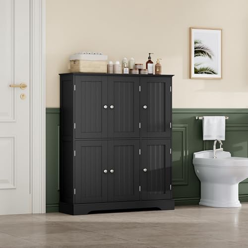 ChooChoo Bathroom Floor Cabinet with 6 Doors and Adjustable Shelves | Modern Bathroom Storage Cabinet, Freestanding Cupboard for Living Room, Black - color: Black, size: 11.81"D x 34.69"W x 43.5"H