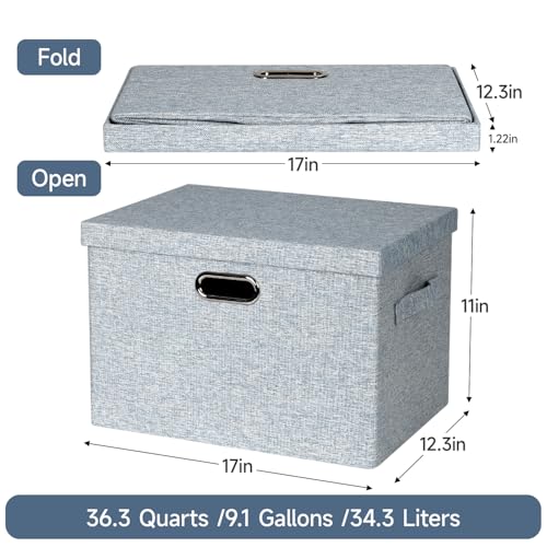 Storage Bins with Lids Fabric Closet Organizers Cubes Office Organization | 36 Quart 3 Pack Blue-Grey Collapsible Stackable Linen Fabric 4 Handles Bedroom Closet Cabinet Under Bed Clothes Toy Office - color: Blue-Grey, size: Large -3 Pack