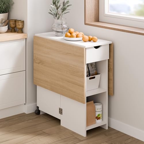 Mondeer Folding Dining Table with Drawer and Shelves, Oak & White | Drop Leaf Kitchen Table with 1 Drawer and 2 Storage Shelves in Modern Style for Small Spaces and Seats 4-6 People. - color: Oak & White