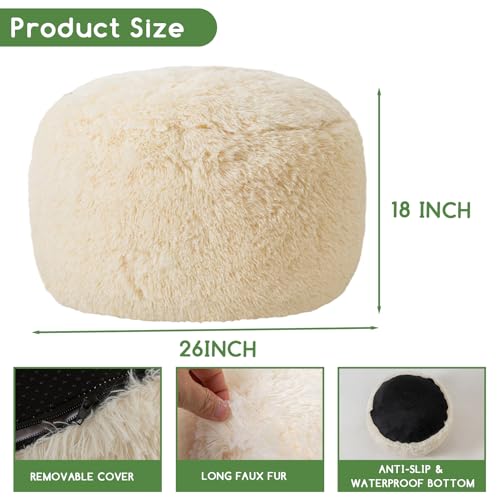 HIGOGOGO Round Stuffed Pouf Ottoman, Long Faux Fur Poufs with Foam Chunk Filling, Fluffy and Furry Pouf Foot Stool Storage Ottoman, 26 X 18 Floor Poufs Foot Rest for Living Room, White - color: Beige, size: 26"D x 26"W x 18"H
