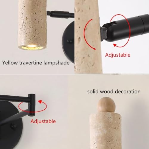Modern Travertine Stone Wall Sconce, Adjustable Swing Arm Wall Lamp, Black Metal Base Pull Chain Switch Bedside Reading Spotlight for Bedroom Study Room Bedside - color: Natural