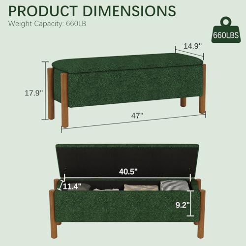 Modern Storage Benches with Walnut Wood Legs, 47'' Ottoman Bench with 20 Gallons Storage Space for Bedroom End of Bed, Fabric Upholstered Entryway Bench with Seating for Livingroom, Green - color: Green