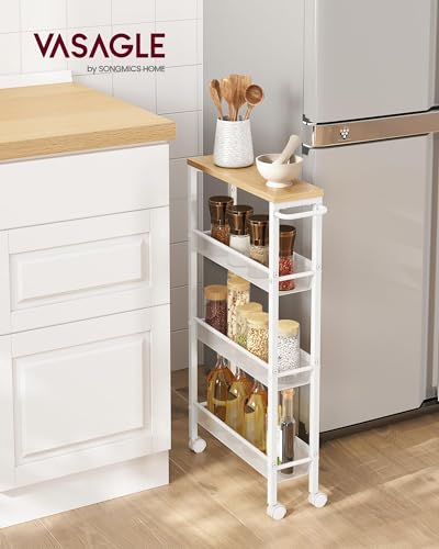 VASAGLE Slim Rolling Cart, 4-Tier Storage Cart, Narrow Cart with Handle, 5.1 Inches Deep, Metal Frame, for Kitchen, Dining Room, Living Room, Home Office, Oak Beige and Classic White ULRC032W09 - color: Oak Beige + Classic White, size: 4 Tiers (5.1"D x 30