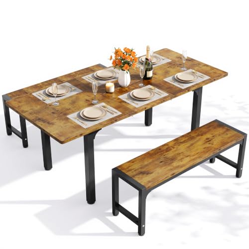 63“ Extendable Dining Table Set with 180° Smart-Flip Pivot, Retro | Dining Table Set for 4,Kitchen Table with Bench,Small Dining Table,Perfect for Small Space,Dinner Room Table Set for 6 - color: Rustic