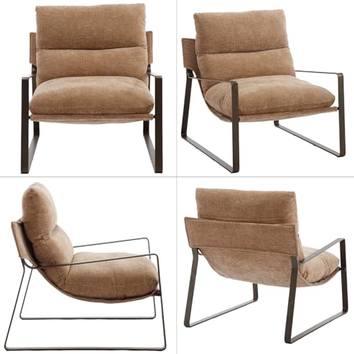 Set of 2 Modern Accent Chair, Linen Living Room Chair, Khaki | Comfy Armchairs, Upholstered Lounge Armchair, Removable Seat Cushion, Bronze Metal Frame, For Reading Room, Bedroom, Balcony - color: Khaki-bronze Legs, size: 2PCS